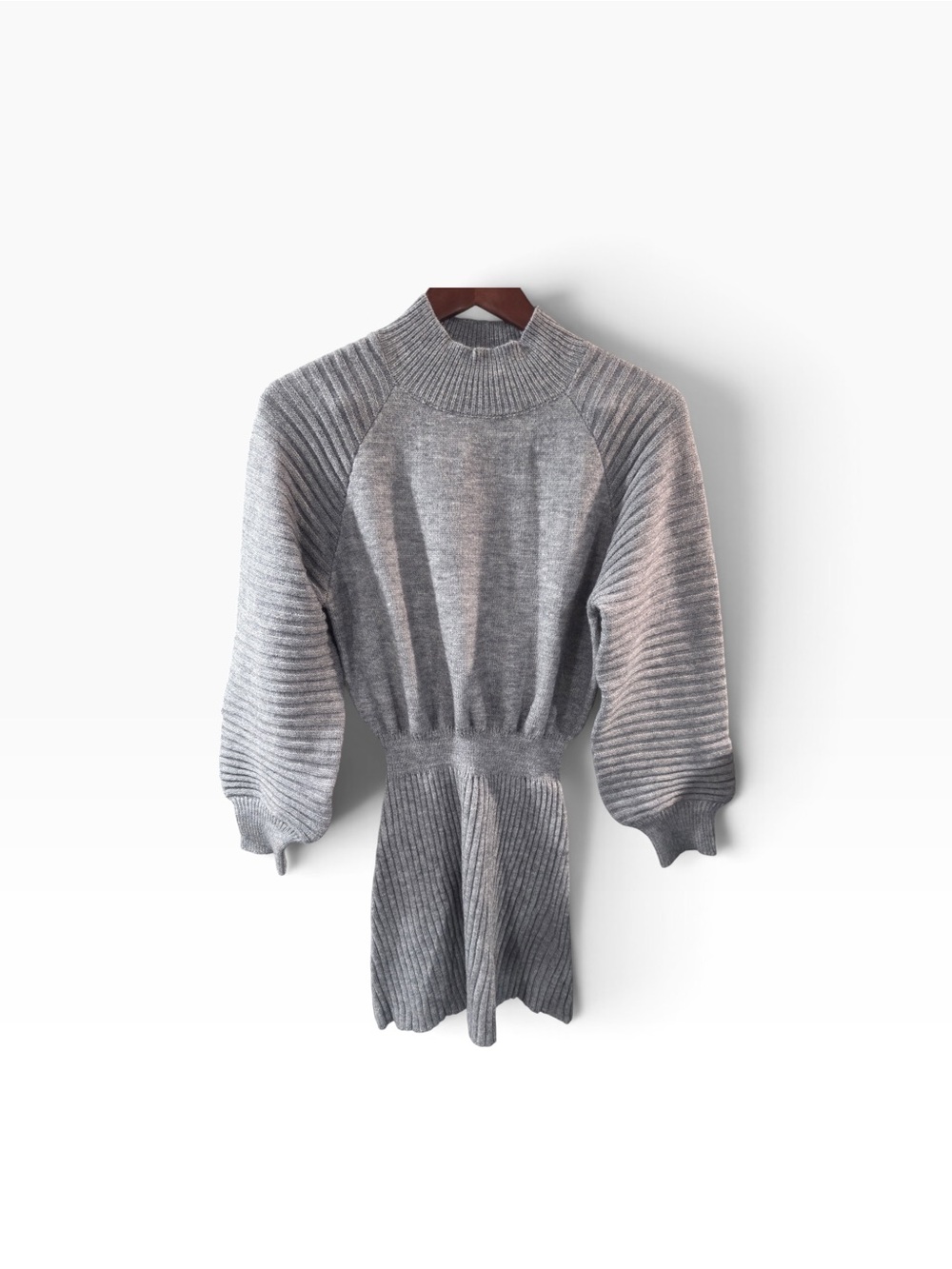 SHEIN Gray Ribbed Cowl-Neck Balloon Sleeve Sweater Dress